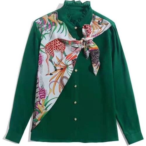European and American womens clothing 2021 The new spring Long sleeve animal print fashionable green silk shirt