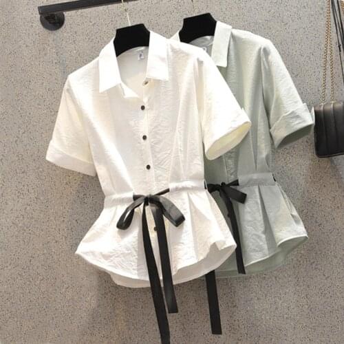 Women Short Sleeve Shirt Casual Cotton and Hemp Turn-Down Collar Blouses Bow Belt Slim Bandage Fashon Plus Size Tops S-3XL 4XL
