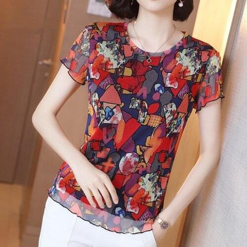 Women Spring Summer Style Chiffon Blouses Shirts Lady Casual Short Sleeve O-Neck Flower Printed Blusas Tops ZZ0659