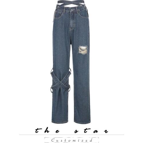 Woman Jeans Pants Plus Size Ripped Hollow-out High Waist Casual Straight-Leg Long Pants Pantalones Vaqueros Mujer