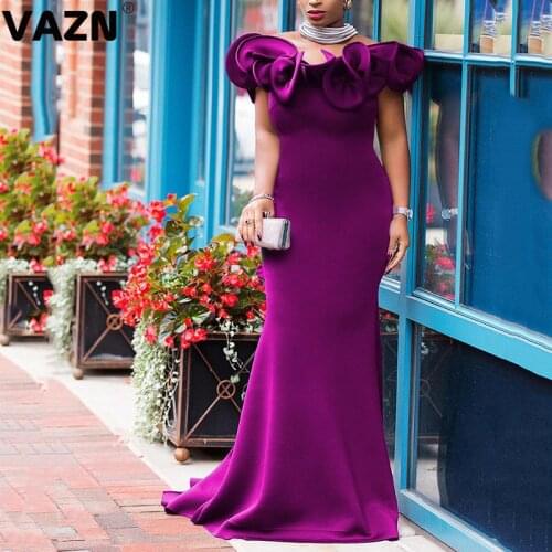 VAZN 2020 Hot List High-end Plus Size Sweet Solid Slash Neck Short Sleeve Sexy Club Fashion Women High Waist Mermaid Maxi Dress