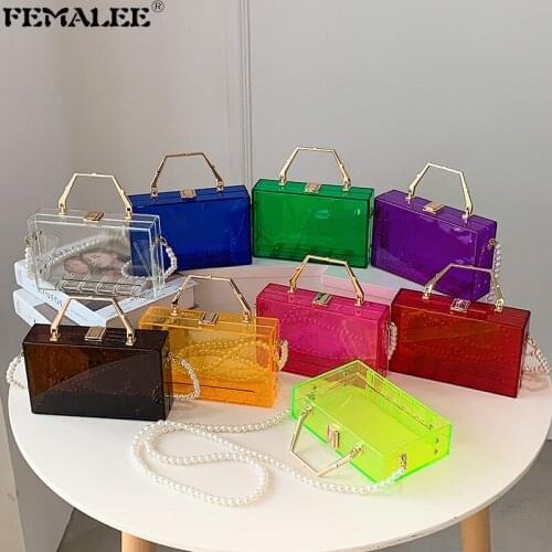 2021 Summer Transparent Box Jelly Handbags For Women Clear PVC Pearl Chains Mini Shoulder Crossbody Purses New Fashion Mujer SAC
