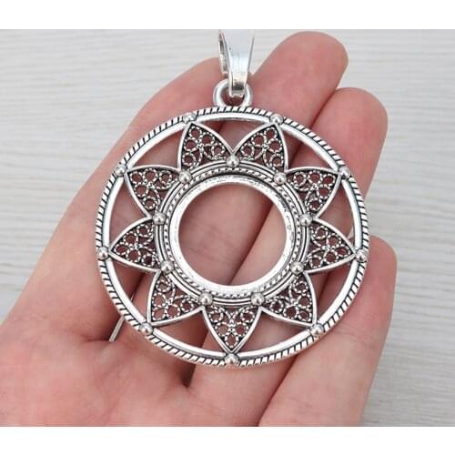 3 x Tibetan Silver Large Round Open Flower Charms Pendants 25mm Cabochon Settings Necklace Jewelry Making 61x55mm