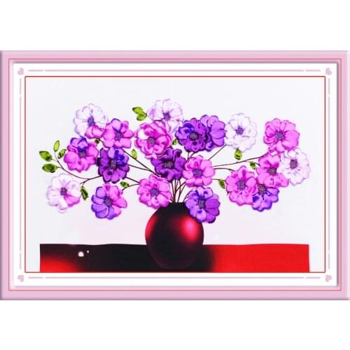 70x50cm 3D purple flower Ribbon embroidery kit stain painting set handcraft kit DIY handmade needlework art home decor