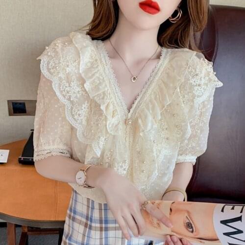 #8217 Lace Blouse Women Short Sleeves Sexy Womens Tops And Blouses V Neck Embroidered Ruffles Chiffon Blouse Femme Thin Summer
