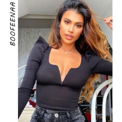 BOOFEENAA Sexy V Neck Puffy Long Sleeve Bodysuit Women Top Fashion Solid Color Knitted Bodycon Jumpsuit Black White C85-CZ21