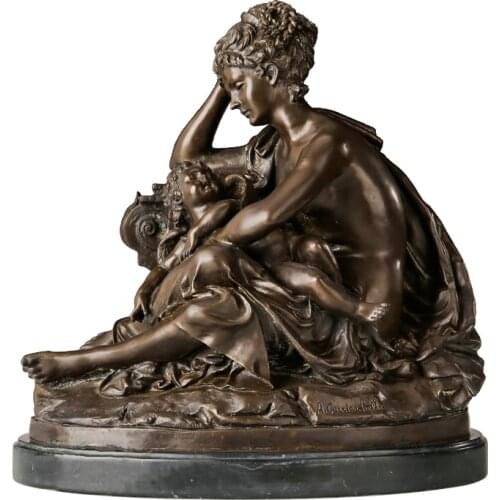 Bronze Angel Mother with Little Baby Statue Sculpture Cherub Figurine Western Antique Art for Mothers Day Birthday Present