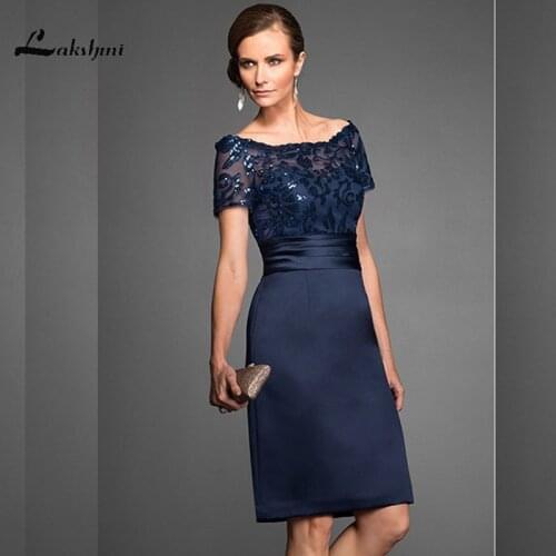 Elegant Navy Scoop Sheath Navy Mother of the Bride Dresses Satin Short Sleeves Sequin Knee Length Wedding Guest Gown Custom Made