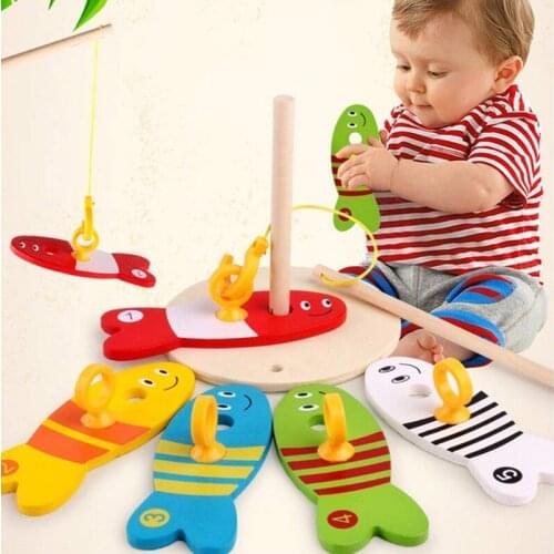 Colorful Wooden Fishing Digital Toys Baby Kids Fish Set Blocks Game Children Cute Early Educational Cartoon Toy