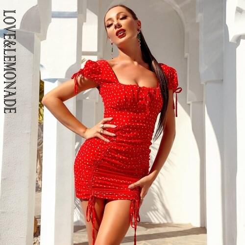 LOVE&LEMONADE Sexy Square Collar Puff Short Sleeve Red Print Drawstring Bodycon Mini Dress WD01166