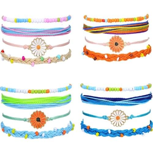 Meetvii 4 Pcs/set Bohemian Colorful Retro Daisy Bracelets Set Handmade Woven Beaded Waterproof wax Rope Bracelet Beach Jewelry