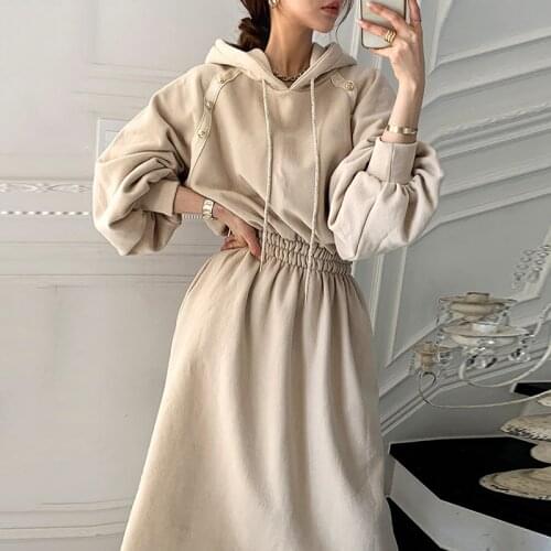 Fashion Simple Hoodie Dress Button Lantern Sleeve Elastic Waist Drawstring Hooded Dresses for Women 2021 Spring Clothing