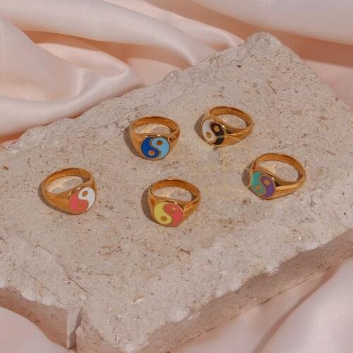Fashion Glazed Colorful Ying Yang Design Women Rings 2021 Religious Finger Ring Male Golden Enamel Stainless Steel Party Jewelry