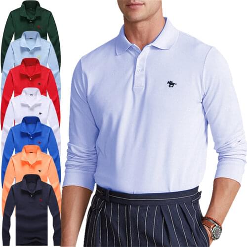 High Quality Pure cotton Paste logo lapel Men Polo Shirt Fall Long Sleeve Solid Large Size Top Fall Polos Shirt Fashion tops