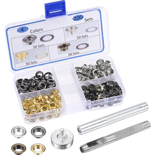 Uxcell Grommet Tool Kit, 200 Sets 10 x 6 x 3.8mm Eyelets with Washers Copper 4 Colors Rivets Grommets for Leather Clothes