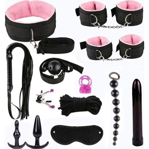 Nylon BDSM Sex Bondage Set Handcuffs Nipple Clamps Collar Gag Whip Rope Tail Anal plug Vibrator Couples Sex Toys for Adults