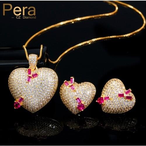 Pera Top Quality Micro Pave CZ 585 Gold Romantic Love Heart Shape Earring Pendant Jewelry Sets for Ladies Anniversary Gift J302