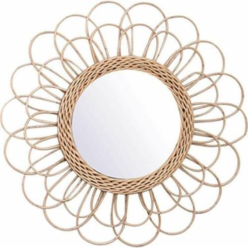 Hanging Rattan Sunflower Mirror Boho Wicker Dressing Makeup Tool Wall Mirror For Bedroom Bathroom Living Room Decor