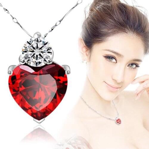 Luxury Ladies Necklace Lady Fashion Red Garnet Heart Crystal Pendant Necklace Exquisite Party Wedding Jewelry Gift Dropshipping