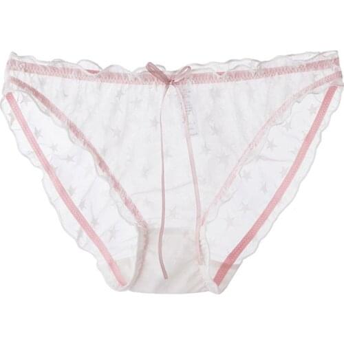 40GC Japanese Women Sexy Perspective Mesh Panties Cute Star Pattern Low Rise Briefs Underwear Kawaii Ribbon Bow Ruffles Girls