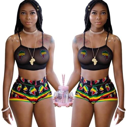 Sexy Sheer Mesh Two Piece Set 2 Piece Set Women Sleeveless See Through Crop Top And Hot Printed Shorts Summer Party Outfits Sets