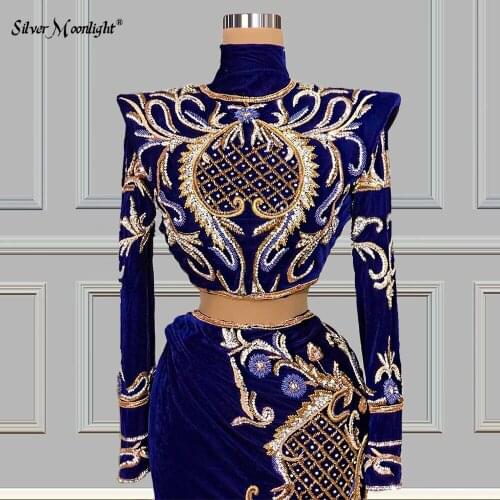 Vintage Long Sleeve Evening Dress Sun Flowers Embroidery Navy Blue high-necked Elegant Celebrity Dresses Islamic Turkish