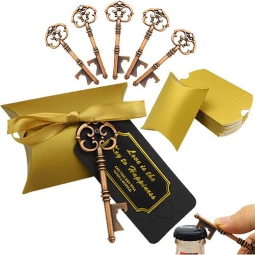 50Pcs 5 Style Wedding Candy Souvenir Gift Set Pillow Candy Box Vintage Skeleton Key Opener French Ribbon Wedding Beer Opener