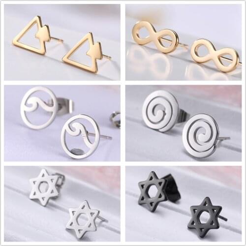 Teamer Geometric Stud Earrings Triangle Infinity Round Swirl Hexagram Stainless Steel Black Mini Earring for Women