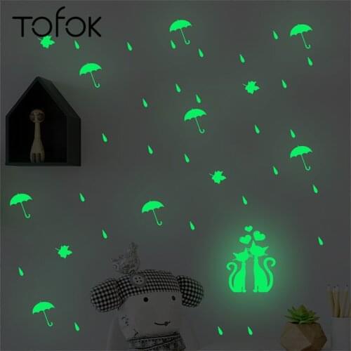 Tofok DIY Luminous Raindrop Umbrella Cats Sticker Night Fluorescent Ceiling Wall Baby Kids Room Glowing Decorative Sticker