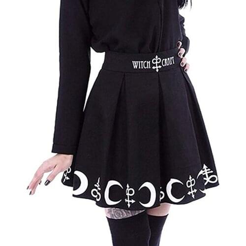 Vintage Skirts Womens 2021 Gothic Pleated Punk Black Skirt Witchcraft Moon Magic Spell Symbols Pleated Mini Skirt Мини Юбки