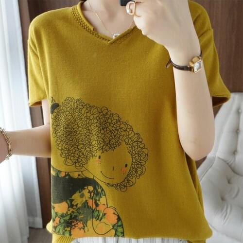 Summer Womens Tees Chic Casual V-Neck Short Sleeve Loose Female Pullover 100% Knitted Tops Thin Jumpers T-Shirt Cool Clothing