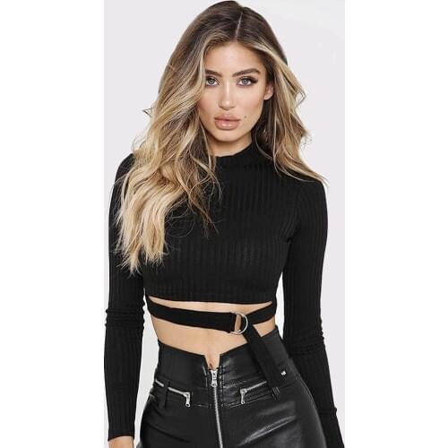 Sexy Long Sleeve Short Sweater Women Female Vintage Steel Ring Bandage Turtleneck Sweater Crop Tops 2020 Autumn Knitted Pullover
