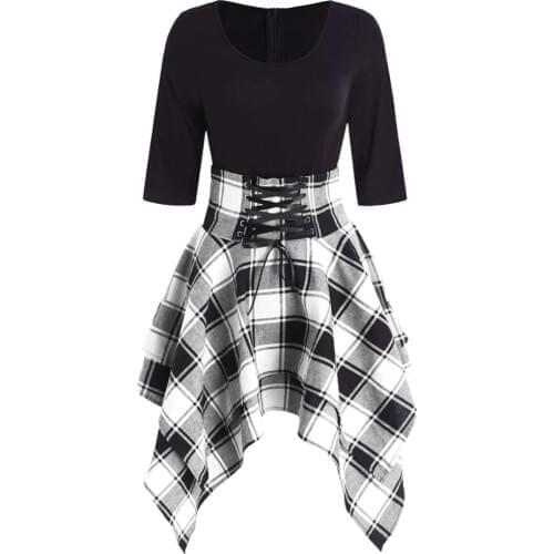 Womens Dresses Punk Gothic Plaid Patchwork Lace Up Dress Short Sleeve Irregular Dress Summer Feminina Vestidos Mujer Plus Size