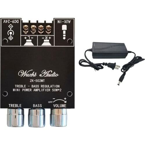 ZK-502MT 2X50W Bluetooth 5.0 Subwoofer Amplifier Board 2.0 Channel High Power Audio Stereo Amplifier Board AUX US Plug