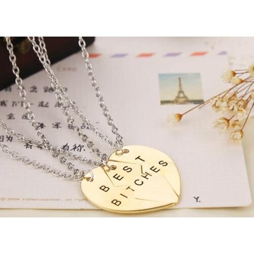 24 Pcs/Lot Heart Pendant Necklace Best Bitches Friends Vintage Broken Heart Charm Pendant Best Bitch Jewelry Bulk Wholesale