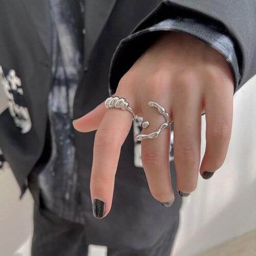 AOMU 2021 New Trendy Chic Irregular Textured Personality Silver Color Metal Rings For Women Girls Party Jewelry Accessories