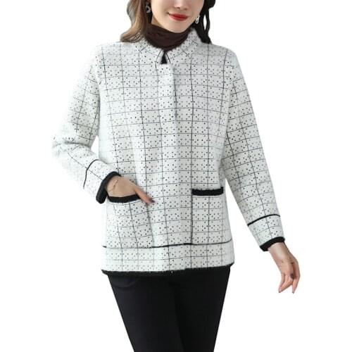 Spring Autumn Models Mink Fleece Sweater Outerwear Female Gold Mink Fleece Short Knit Sweater Lady Plaid Cardigan Jacket Women