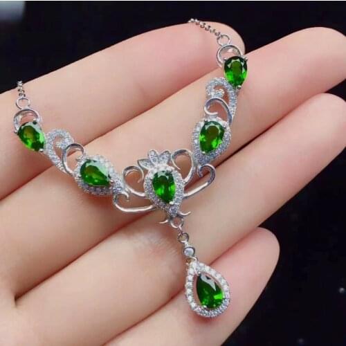 Elegant Silver Gemstone Necklace for Party 6 Pieces Natural Chrome Diopside Wedding Necklace 925 Silver Diopside Necklace