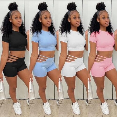 Two Piece Sets for Women Skinny Fashion Solid Women Tracksuit Short Sleeve T Shirt Crop Top + Biker Shorts 2 Piece Matching Set