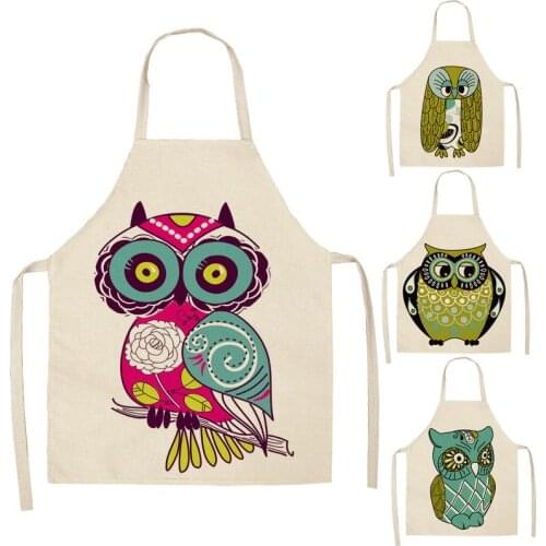 Parent-child Kitchen Apron Cartoon Owl Printed Sleeveless Cotton Linen Aprons for Men Women Home Cleaning Tools WQ79
