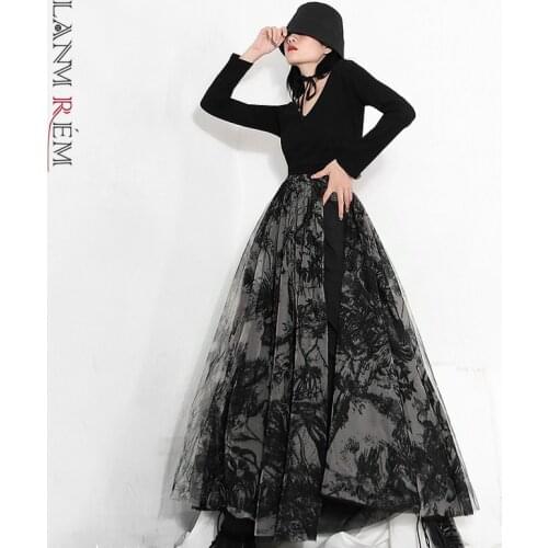 LANMREM 2021 black a-line fashional floral print black high waist mid-calf Autumn New slimming loose skirt for female 2A1158
