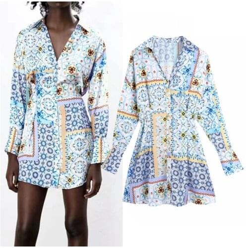 Summer Short Women Casual Mini Dress Fashion V-neck Patchwork Printed Long-sleeved Short Skirt Button Retro Robe -40