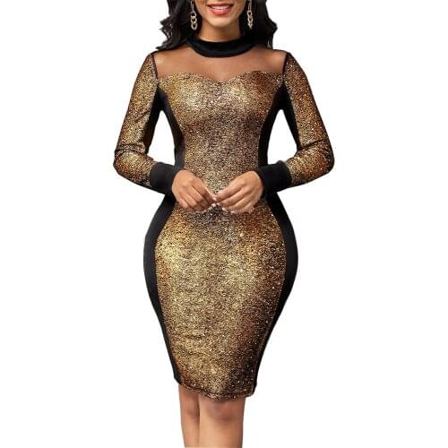 Party Dress Womens Dress 2021 Autumn Elegant Gold Sequin Mesh Evening Wedding Dress Nightclub Long Sleeve Sheath Bodycon Dress