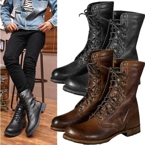 Newly Retro Men Punk Motorcycle Leather Ankle Boots Lace up Combat Shoes DOD886