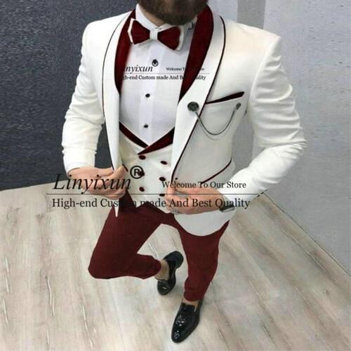 2021 Mens Suit Fashion Formal Business Slim Fit 3-Pieces White Blazers Burgundy Pant Mens Tuxedo Wedding Men Suits Groom Suit