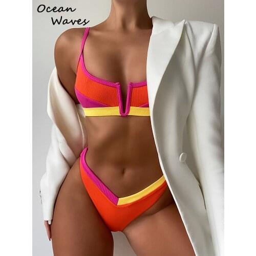 2021New Sexy Bikinis Set Ribbed Swimwear Womens Swimsuit Push Up Bathing Suit Patchwork Brazilian Biquini Thong High Cut Bikini