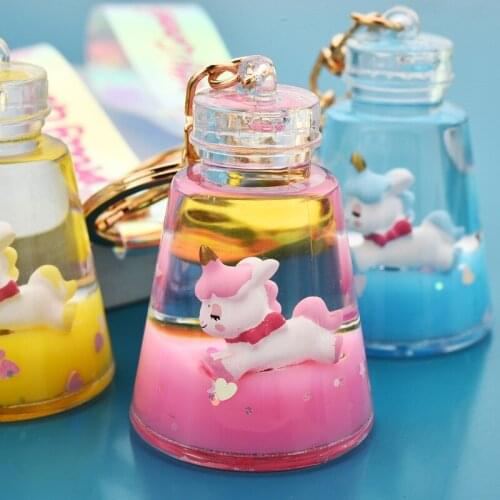 New Oil Quicksand Liquid Acrylic Keychain Cartoon Cute Unicorn Juice Bottle Keyring for Women Couple Backpack Pendant Keyfob