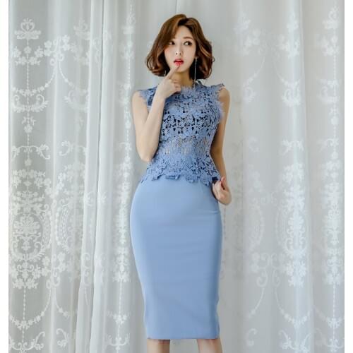 New arrival 2 pieces set sweet elegant lace perspective sexy t-shirt and slim pencil skirt fashion work style blue women set