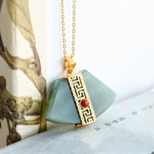 Original S925 Sterling Silver Gold Plated High-End Natural Hetian Turquoise Fan-Shaped Hanging Piece Pendant Necklace Ornament f