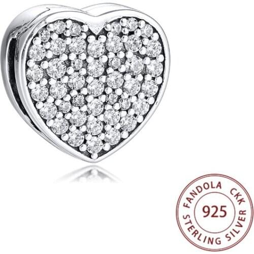 Fits Pandora Bracelet 925 Sterling Silver Reflexions Pave Heart Clip Charms Clear CZ Beads for Jewelry Making Kralen Berloque